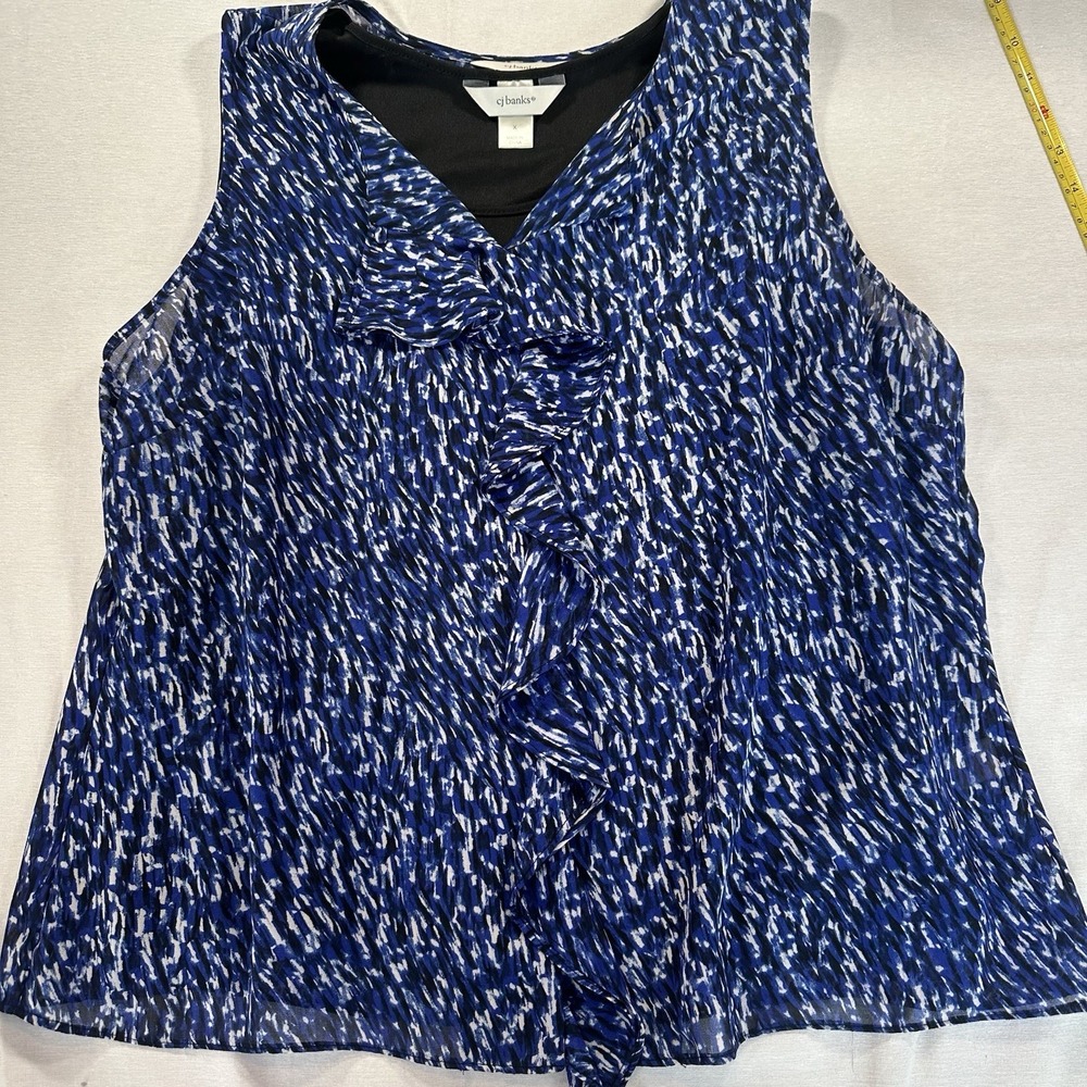 CJ banks Sleeveless Small Top Blue And White And Black Print With Built in Cami